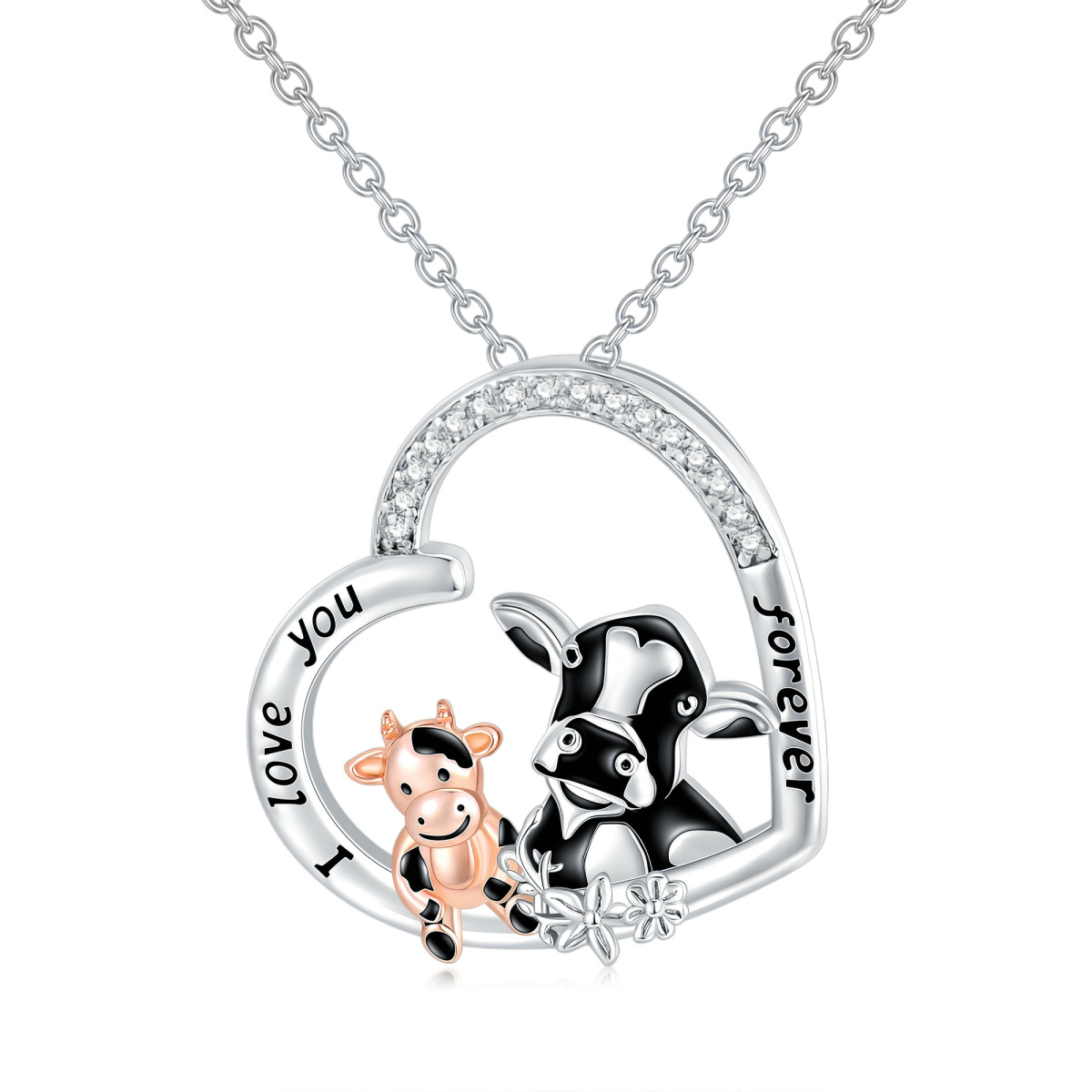 Sterling Silver Two-tone Circular Shaped Cubic Zirconia Cow & Heart Pendant Necklace with Engraved Word-1