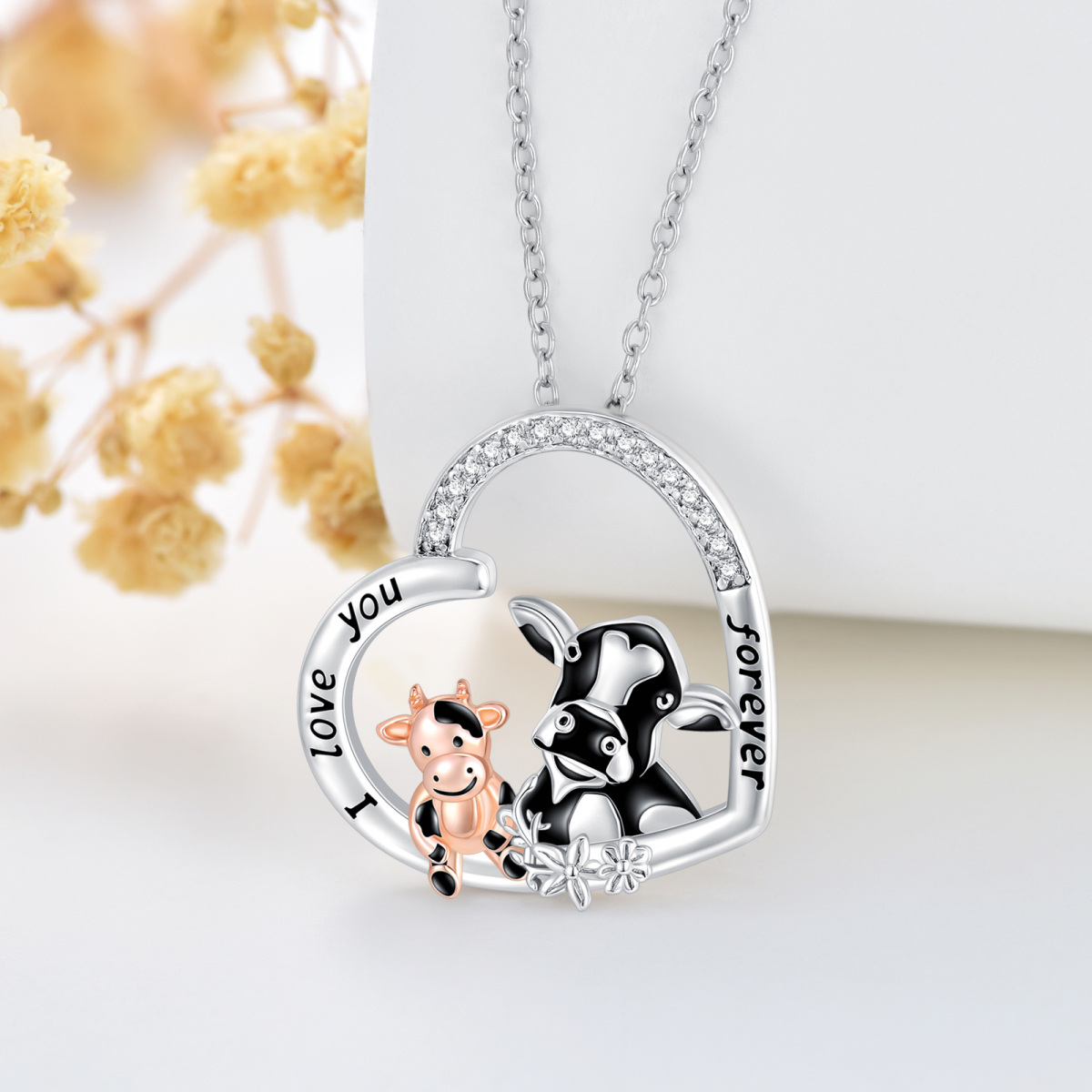 Sterling Silver Two-tone Circular Shaped Cubic Zirconia Cow & Heart Pendant Necklace with Engraved Word-3