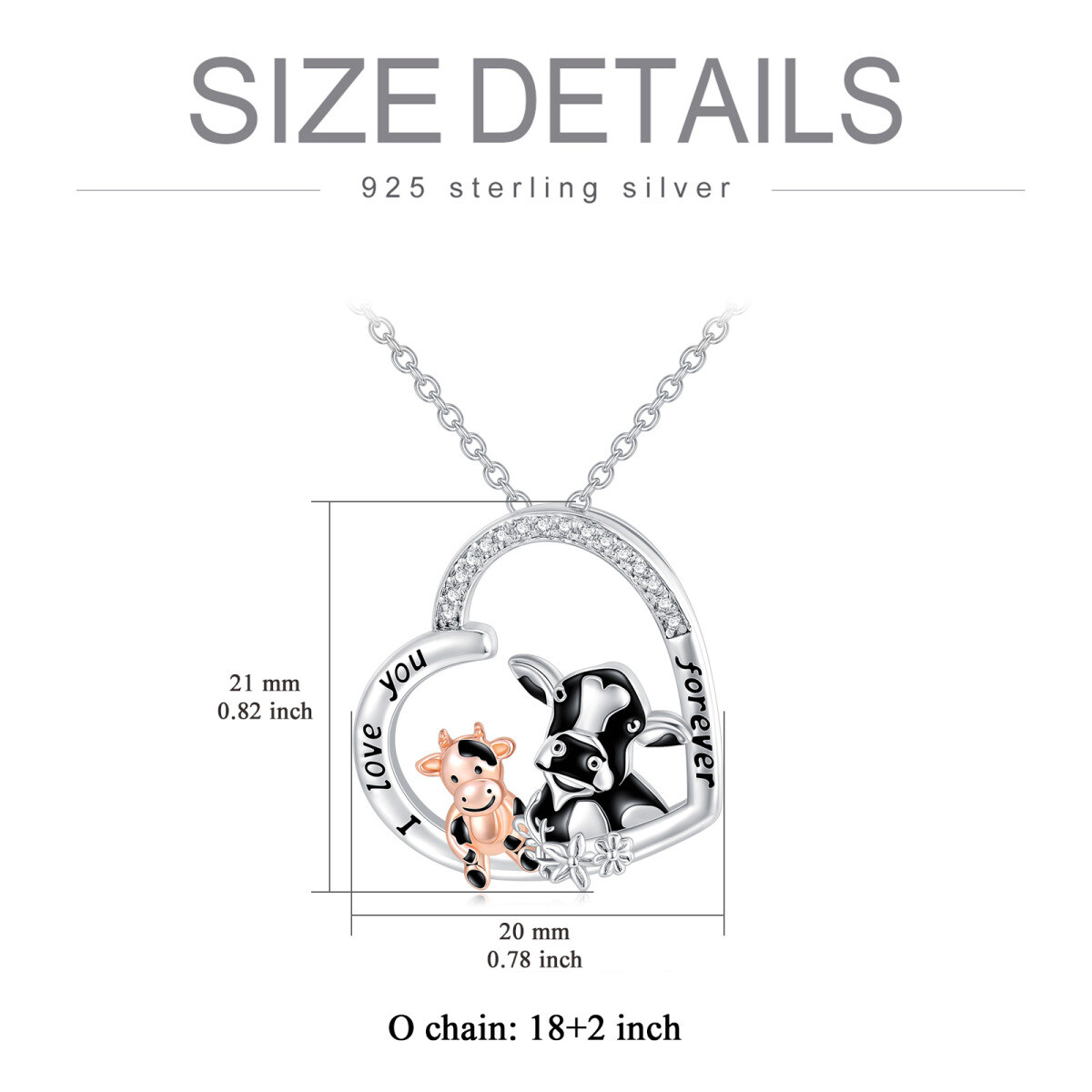 Collier en argent sterling bicolore avec pendentif vache et coeur en zircon cubique et mot-5