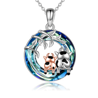 Sterling Silver Two-tone Circular Shaped Cow & Ivy Crystal Pendant Necklace-35