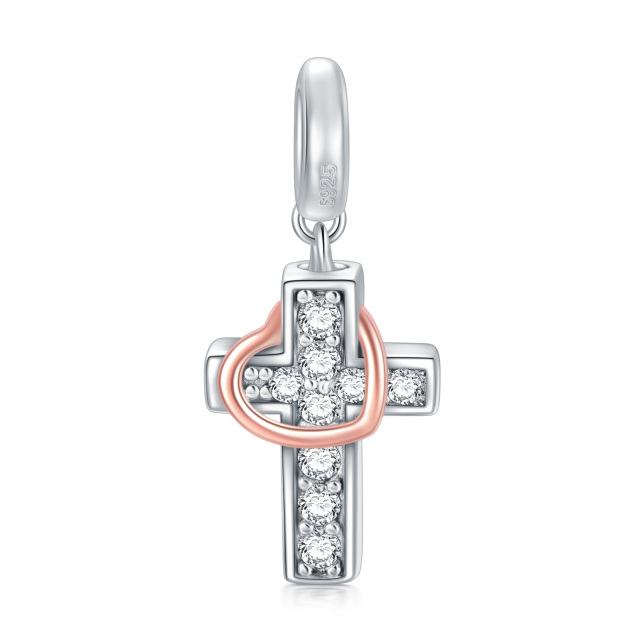 Sterling Silver Two-tone Circular Shaped Cubic Zirconia Cross & Heart Dangle Charm with Engraved Word-4