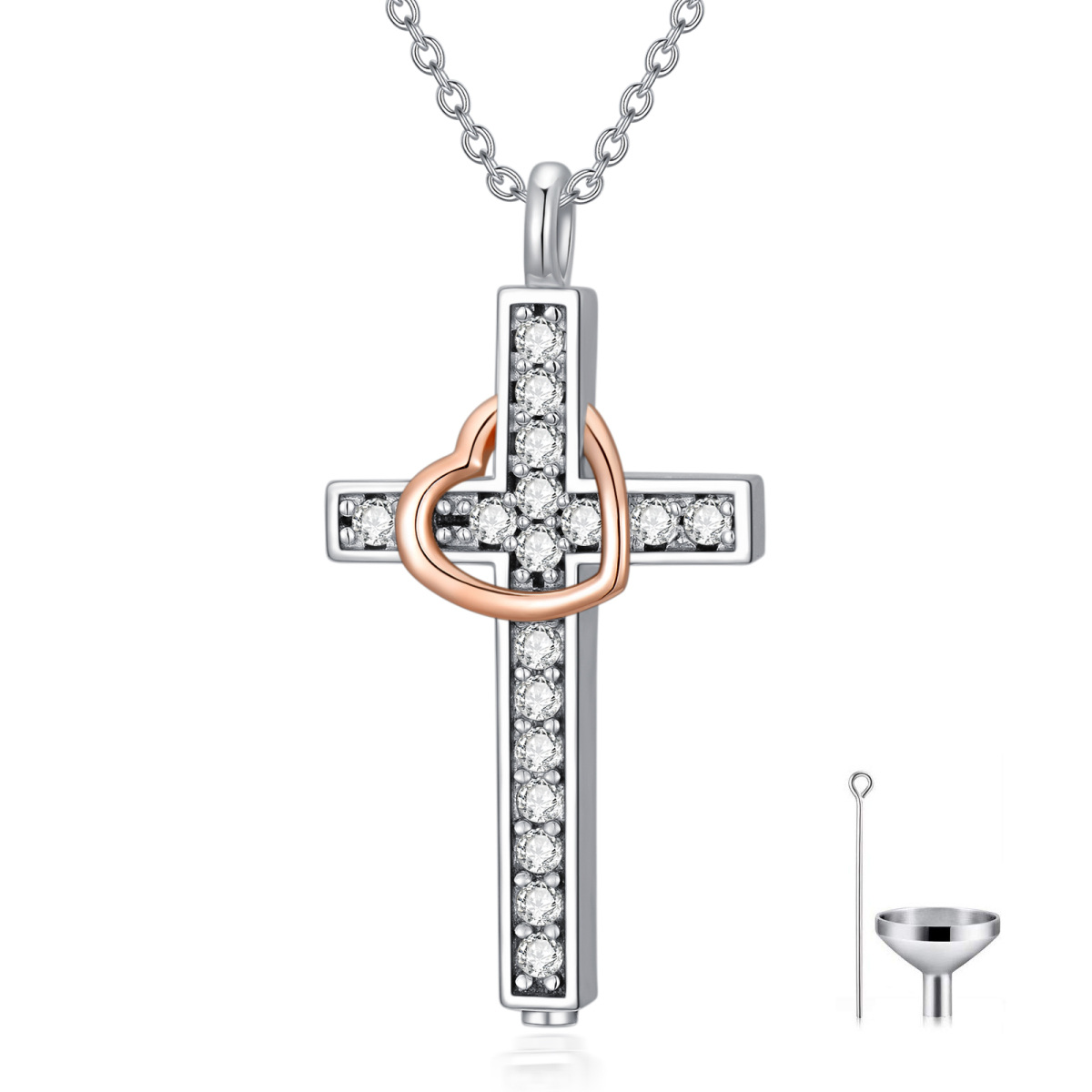 Collier en argent sterling bicolore avec croix et cœur en zircon cubique et mot gravé-1