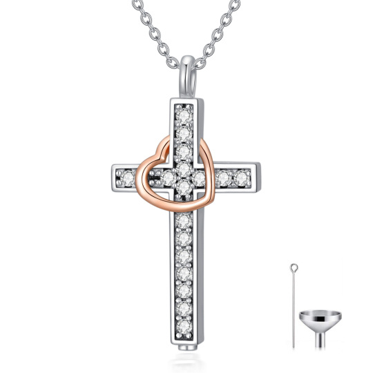 Sterling Silver Two-tone Circular Shaped Cubic Zirconia Cross & Heart Urn Necklace for Ashes with Engraved Word