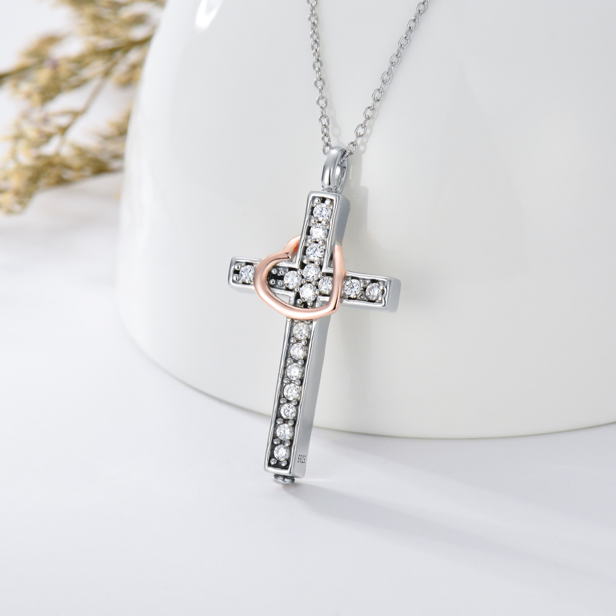 Sterling Silver Two-tone Circular Shaped Cubic Zirconia Cross & Heart Urn Necklace for Ashes with Engraved Word-3