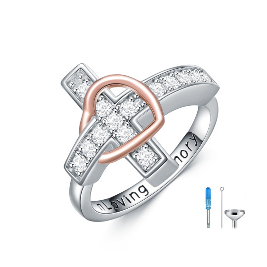 Sterling zilveren tweekleurige cirkelvormige cubic zirconia kruis & hart urnenring met gegraveerd woord