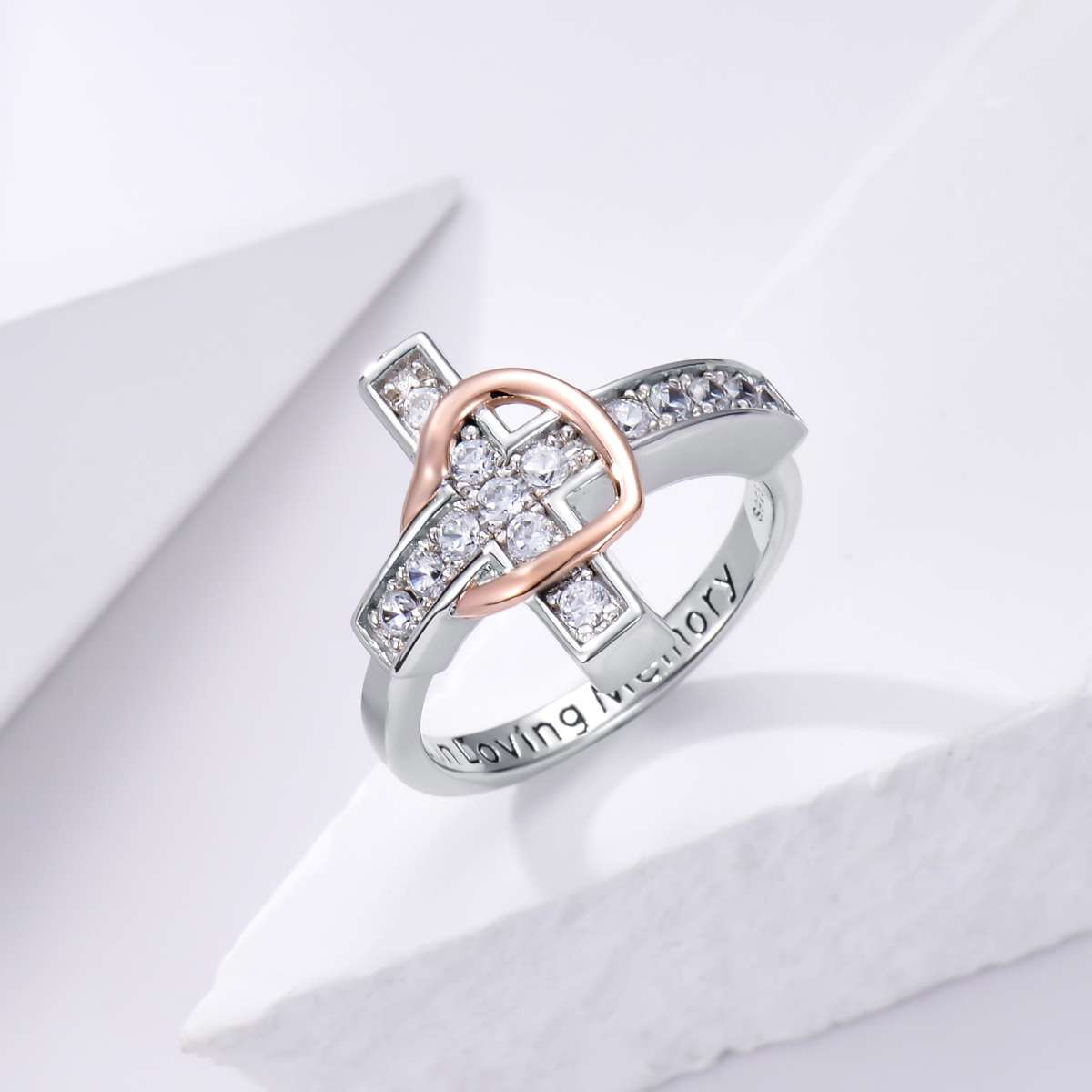 Sterling Silver Two-tone Circular Shaped Cubic Zirconia Cross & Heart Urn Ring with Engraved Word-3