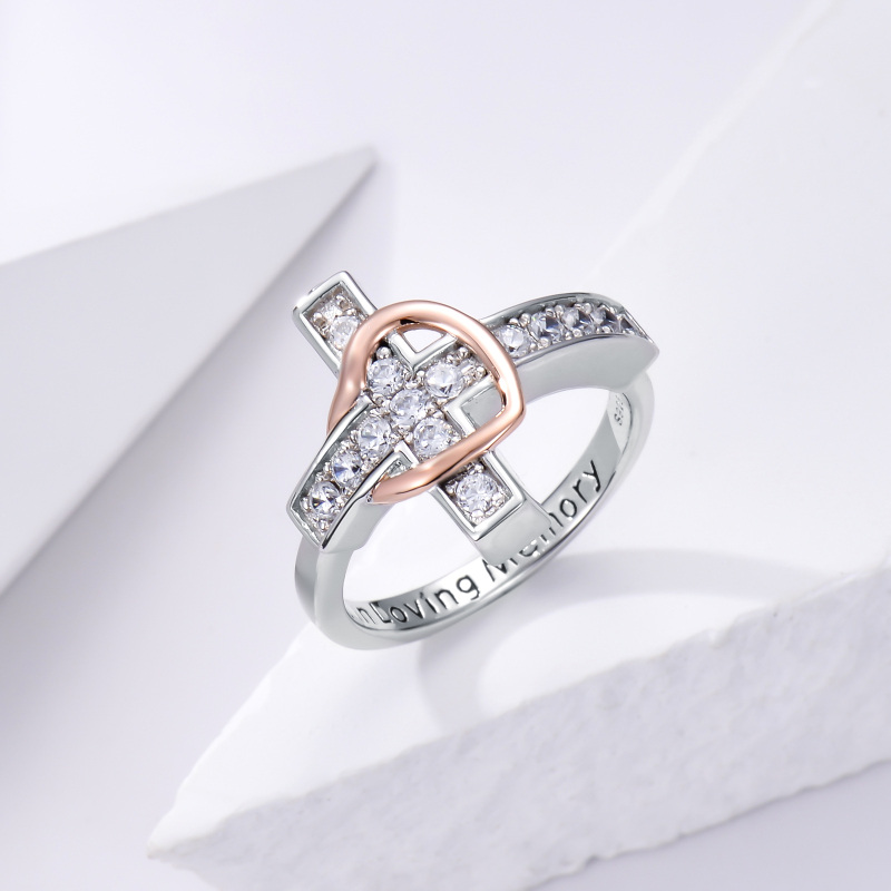 Sterling Silver Two-tone Round Shaped Cubic Zirconia Cross & Heart Urn Ring with Engraved Word-3
