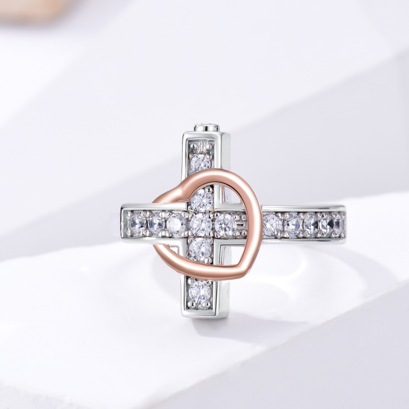 Sterling Silver Two-tone Round Shaped Cubic Zirconia Cross & Heart Urn Ring with Engraved Word-4