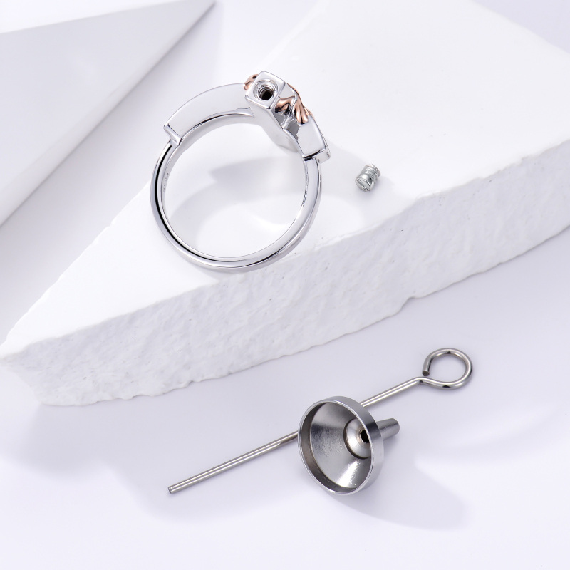 Sterling Silver Two-tone Round Shaped Cubic Zirconia Cross & Heart Urn Ring with Engraved Word-5