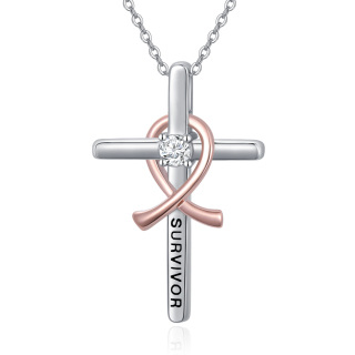 Sterling Silver Two-tone Circular Shaped Cubic Zirconia Cross & Ribbon Pendant Necklace-33