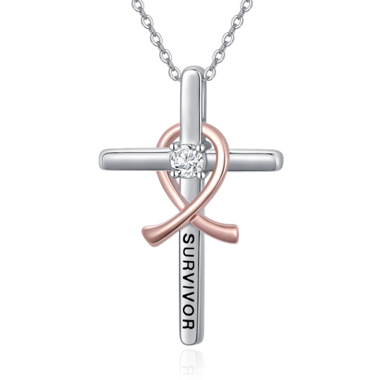 Sterling Silver Two-tone Circular Shaped Cubic Zirconia Cross & Ribbon Pendant Necklace