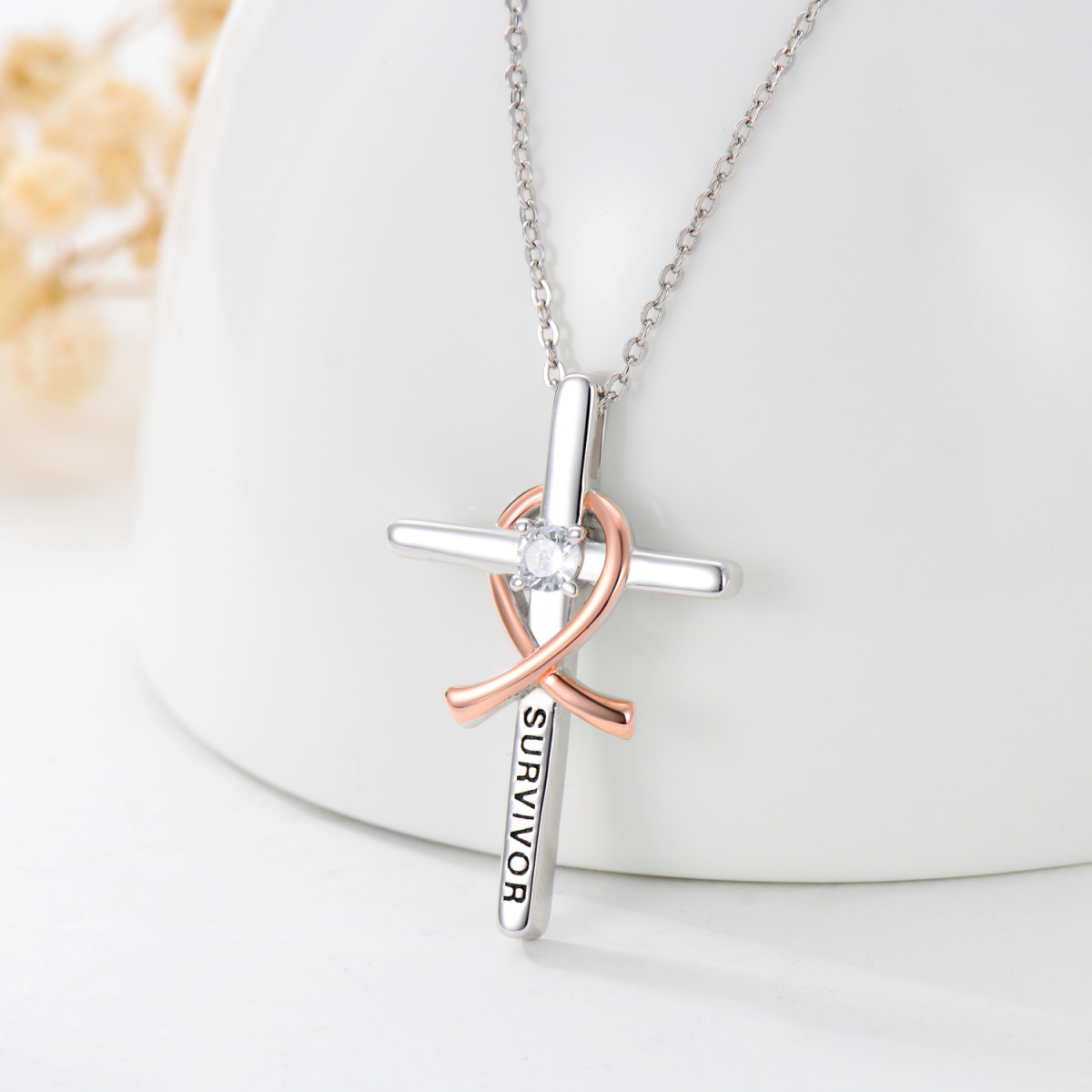 Sterling Silver Two-tone Circular Shaped Cubic Zirconia Cross & Ribbon Pendant Necklace-4