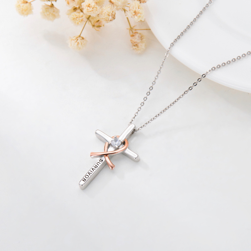925 prata esterlina zircon rosa fita cruz charme pingente colar presente para mulher-5