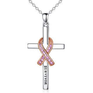 Sterling Silver Two-tone Circular Shaped Cubic Zirconia Cross & Ribbon Pendant Necklace with Engraved Word-24