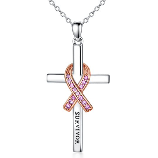 Sterling Silver Two-tone Circular Shaped Cubic Zirconia Cross & Ribbon Pendant Necklace with Engraved Word