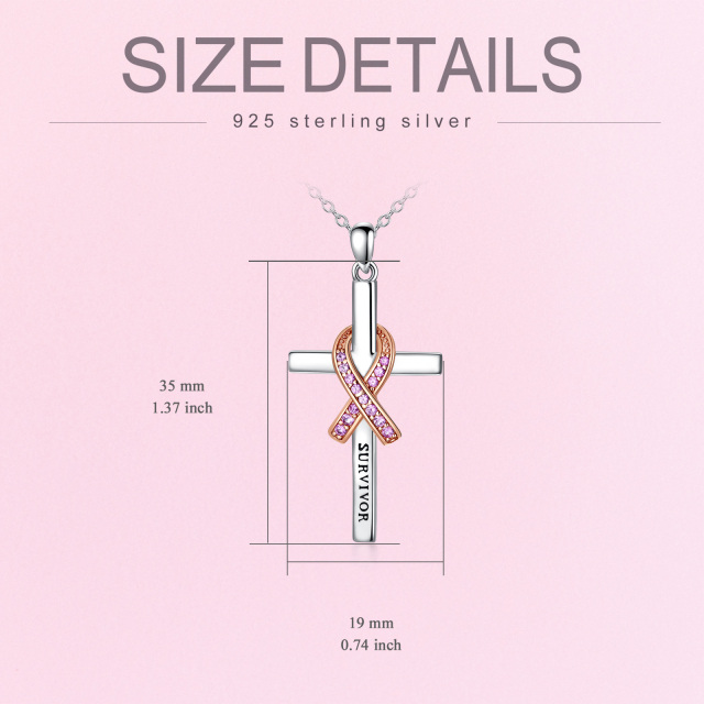 Sterling zilveren tweekleurige cirkelvormige cubic zirkonia kruis en lint hanger ketting met gegraveerd woord-5