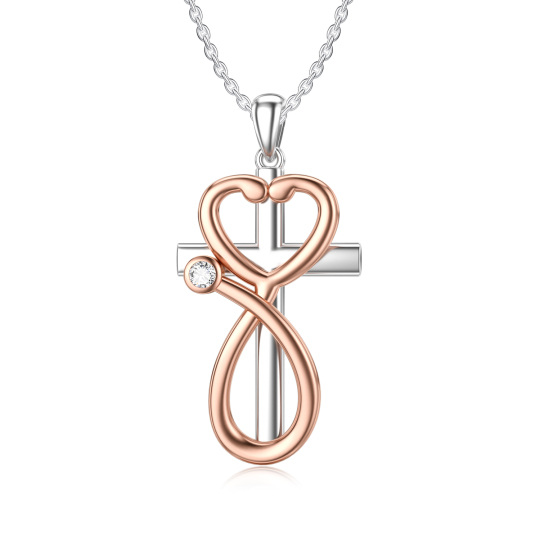 Sterling zilveren tweekleurige cirkelvormige cubic zirconia kruis & stethoscoop hanger ketting