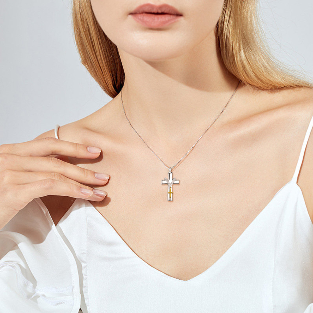 Sterling Silver Two-tone Circular Shaped Cubic Zirconia Cross Urn Necklace for Ashes-2