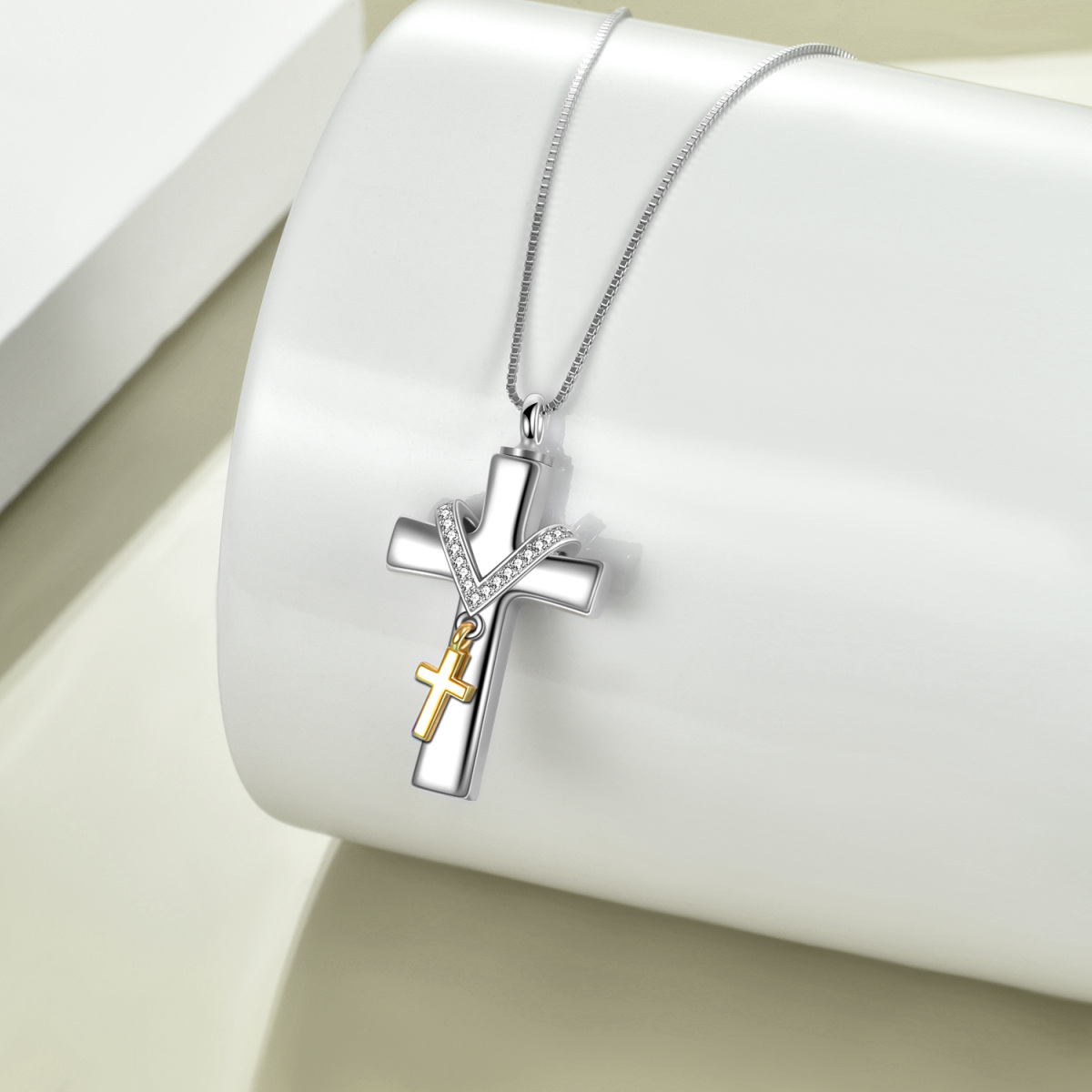 Sterling Silver Two-tone Circular Shaped Cubic Zirconia Cross Urn Necklace for Ashes-3