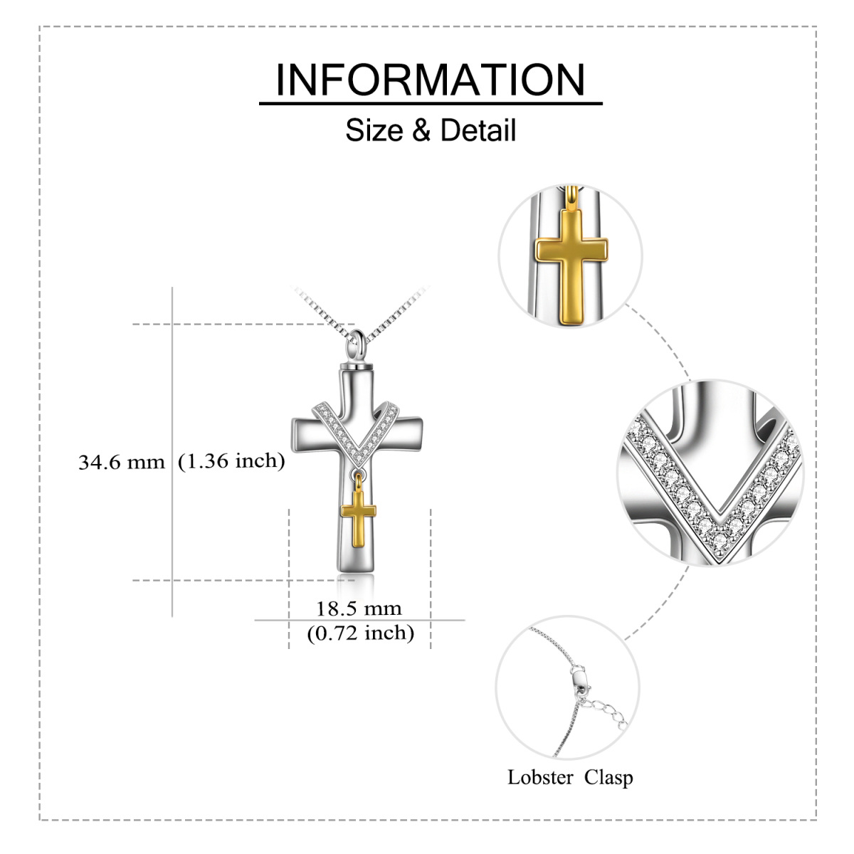 Plata de ley de dos tonos Circular en forma de circonio cúbico Cruz Urna collar-5