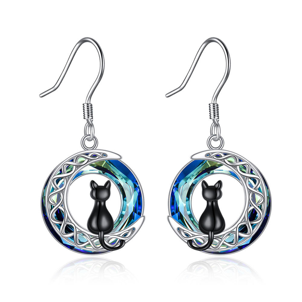 Pendientes colgantes de plata de ley con forma de gato y nudo celta con cristales circulares de dos tonos y luna para mujer-1