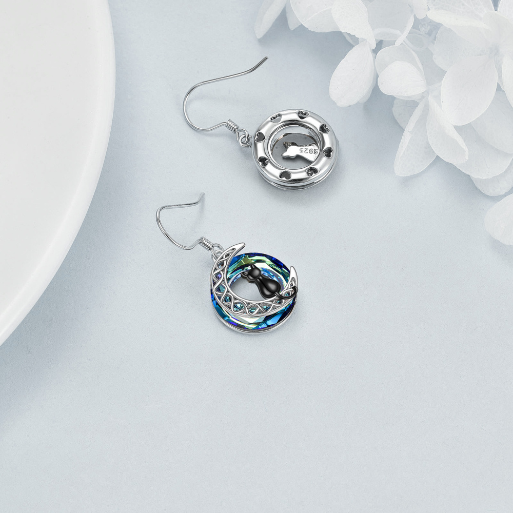 Pendientes colgantes de plata de ley con forma de gato y nudo celta con cristales circulares de dos tonos y luna para mujer-3