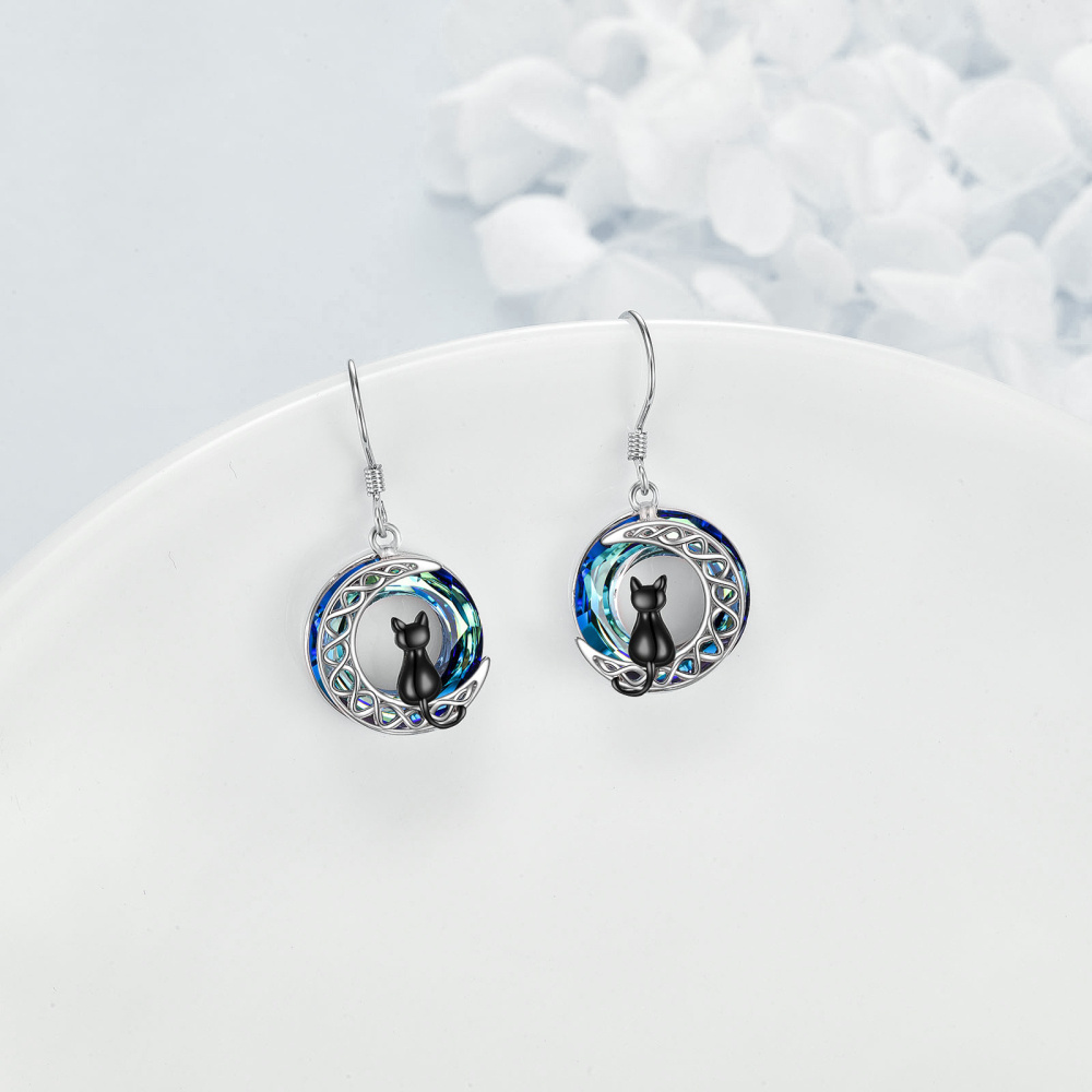Pendientes colgantes de plata de ley con forma de gato y nudo celta con cristales circulares de dos tonos y luna para mujer-4