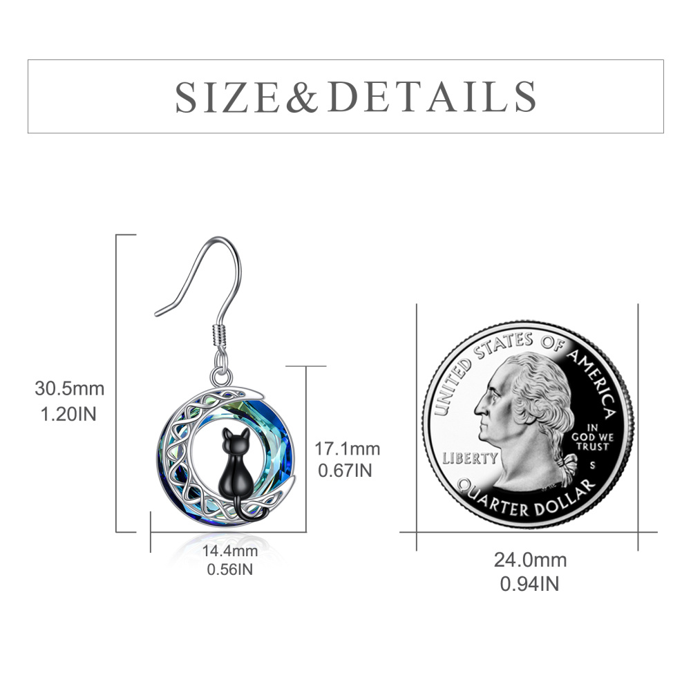 Pendientes colgantes de plata de ley con forma de gato y nudo celta con cristales circulares de dos tonos y luna para mujer-5