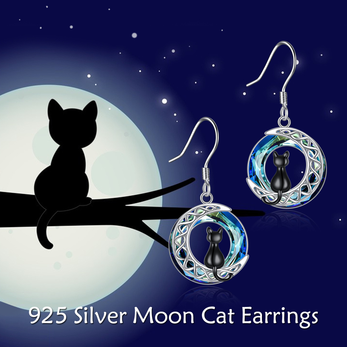 Sterling Silver Two-Tone Circular Crystal Cat & Celtic Knot With Moon Drop Earrings For Women-6