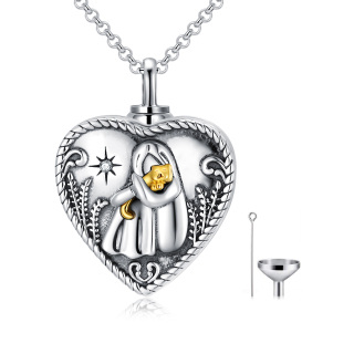 Sterling Silver Two-tone Circular Shaped Crystal Cat & Heart Urn Necklace for Ashes with Engraved Word-36