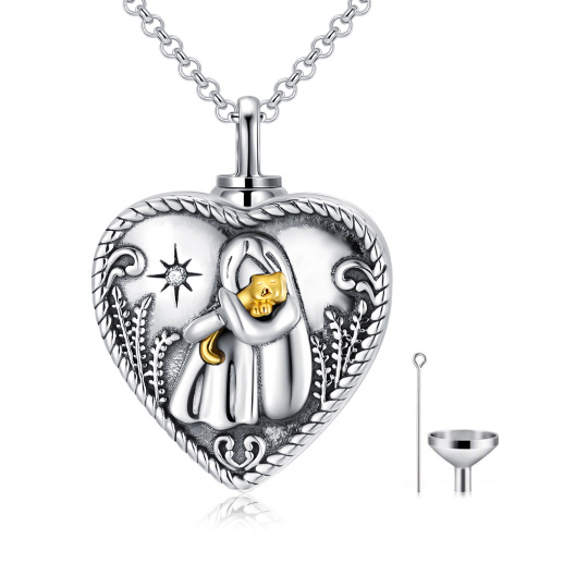 Sterling Silver Two-tone Circular Shaped Crystal Cat & Heart Urn Necklace for Ashes with Engraved Word