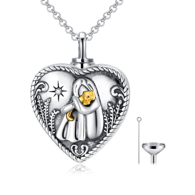 Sterling Silver Two-tone Circular Shaped Crystal Cat & Heart Urn Necklace for Ashes with Engraved Word-3