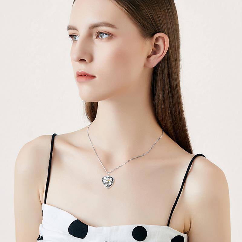 Sterling zilveren tweekleurige cirkelvormige kristallen kat & hart urnenketting voor as met gegraveerd woord-2