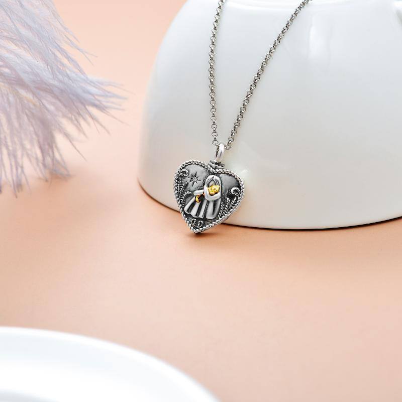 Sterling Silver Two-tone Circular Shaped Crystal Cat & Heart Urn Necklace for Ashes with Engraved Word-3