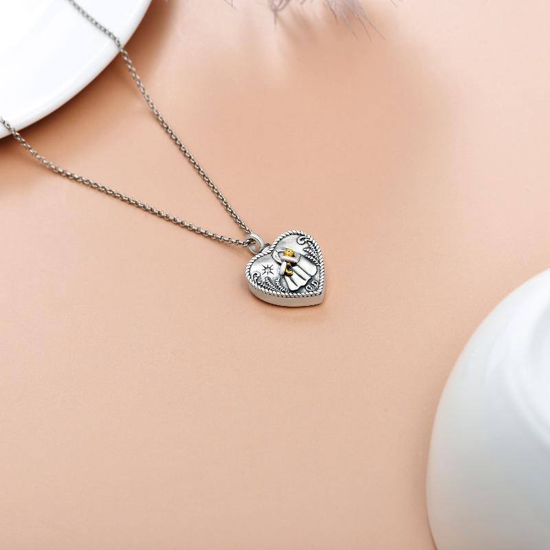 Sterling Silver Two-tone Circular Shaped Crystal Cat & Heart Urn Necklace for Ashes with Engraved Word-4