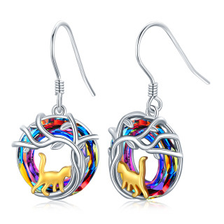 Sterling Silver Two-tone Circular Shaped Crystal Cat & Tree Of Life Drop Earrings-21