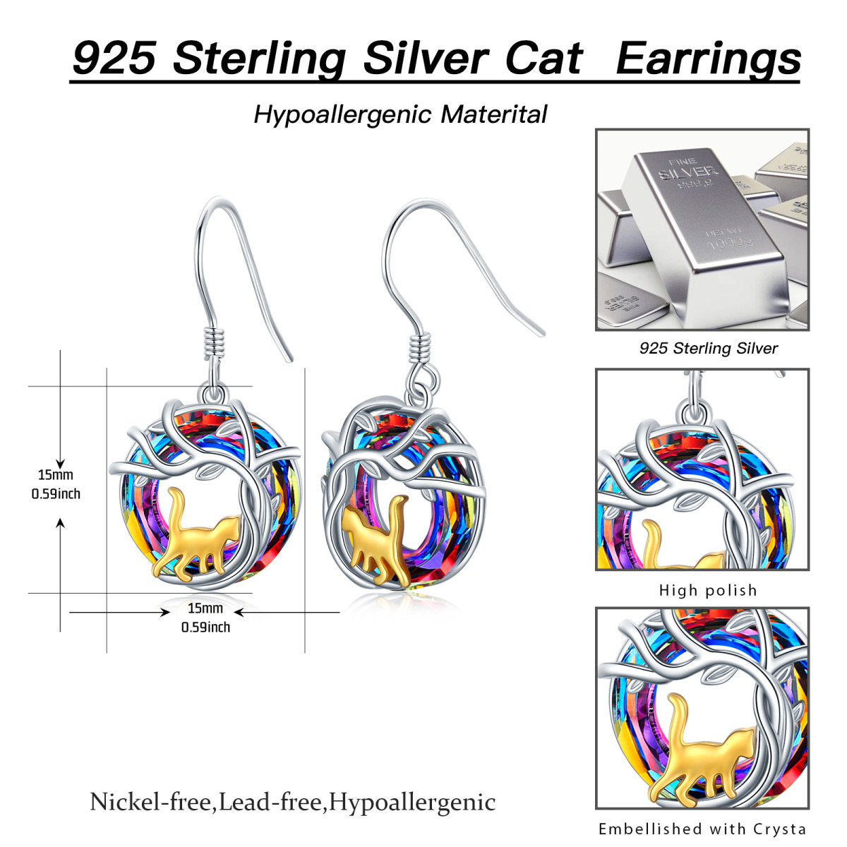 Sterling Silver Two-tone Circular Shaped Crystal Cat & Tree Of Life Drop Earrings-4