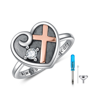 Sterling Silver Two-tone Circular Shaped Crystal Cross & Heart Urn Ring with Engraved Word-5