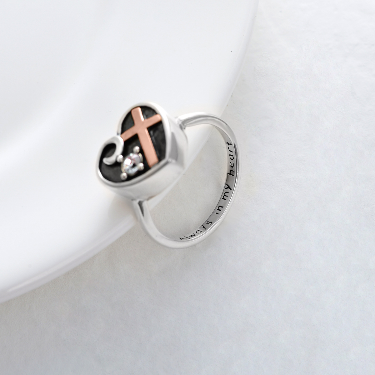 Sterling Silver Two-tone Circular Shaped Crystal Cross & Heart Urn Ring with Engraved Word-4