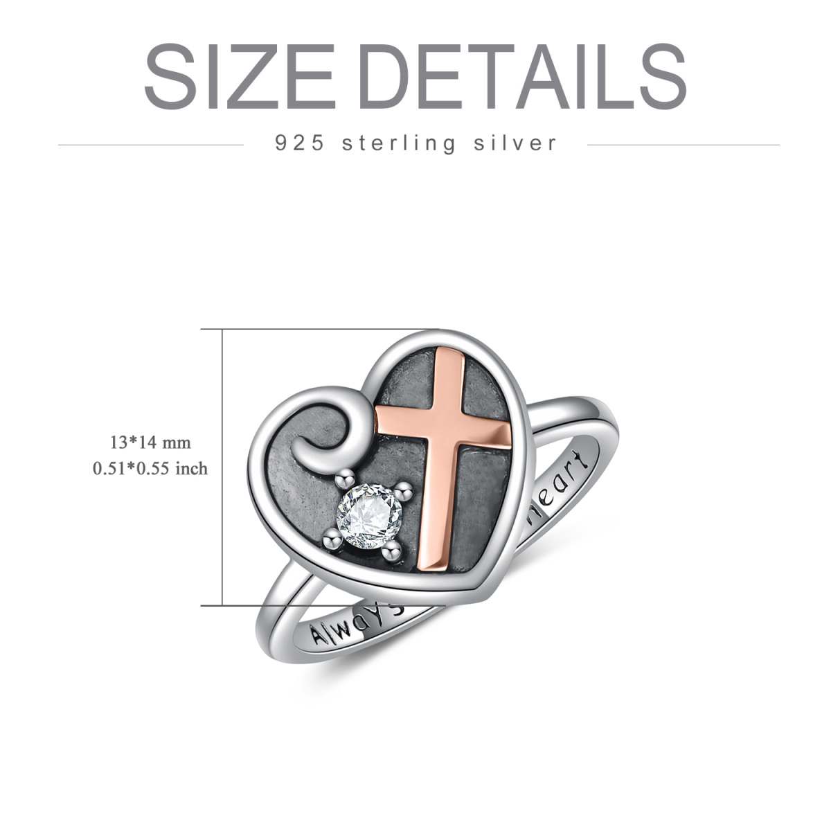 Sterling Silver Two-tone Circular Shaped Crystal Cross & Heart Urn Ring with Engraved Word-5