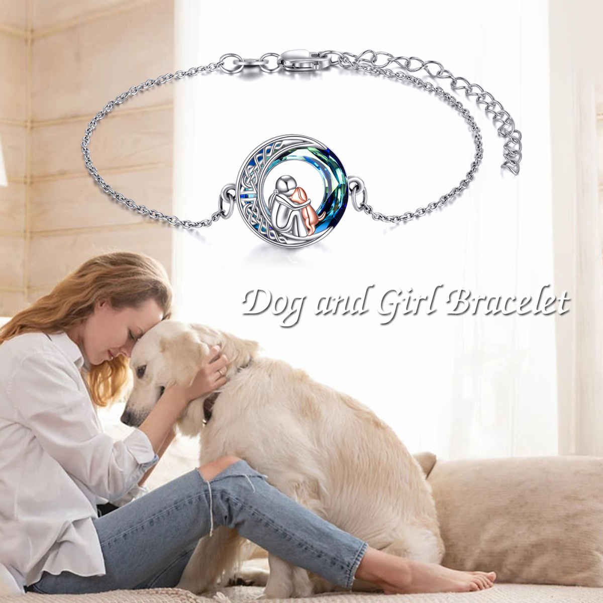 Bracelet en argent sterling avec pendentif chien et nœud celtique en cristal de forme circ-6