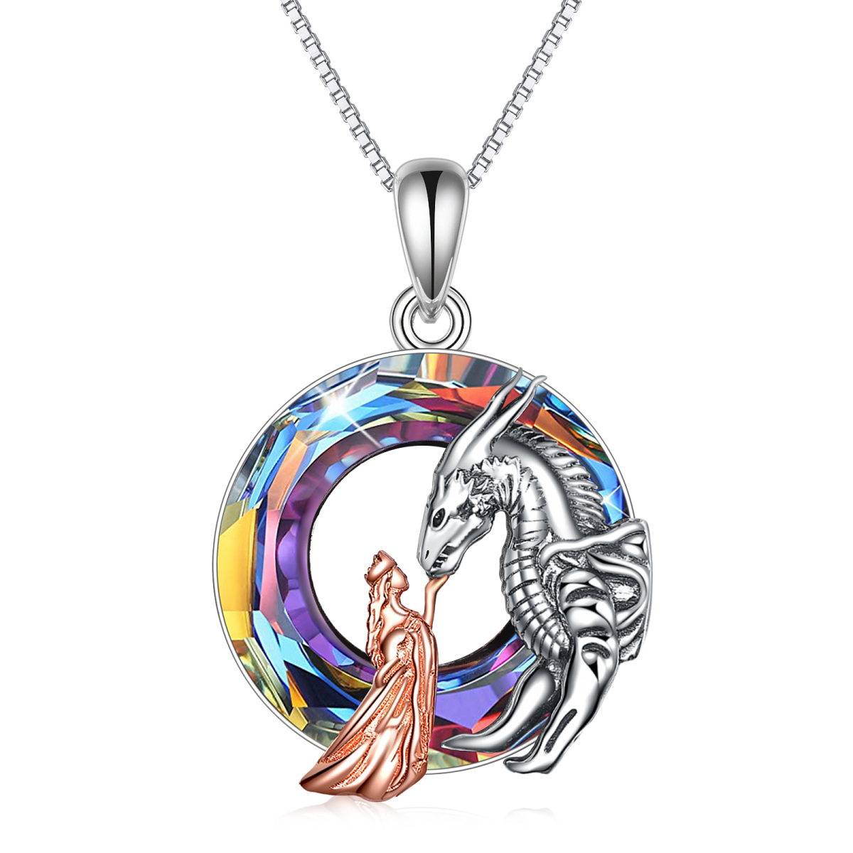 Sterling Silver Two-tone Circular Shaped Crystal Dragon Pendant Necklace-1