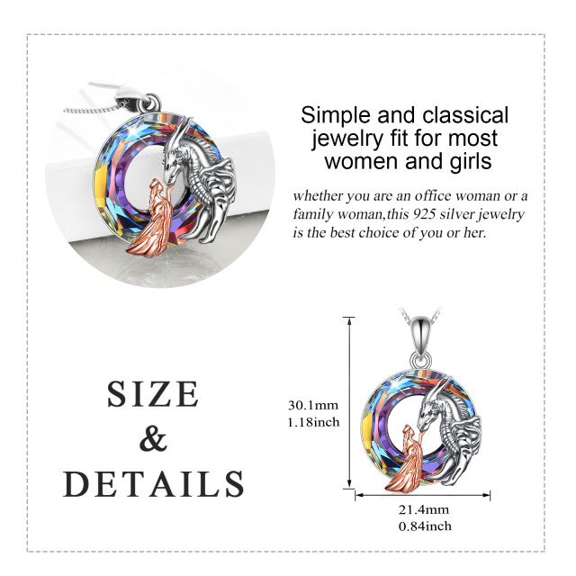 Sterling Silver Two-tone Circular Shaped Crystal Dragon Pendant Necklace-5