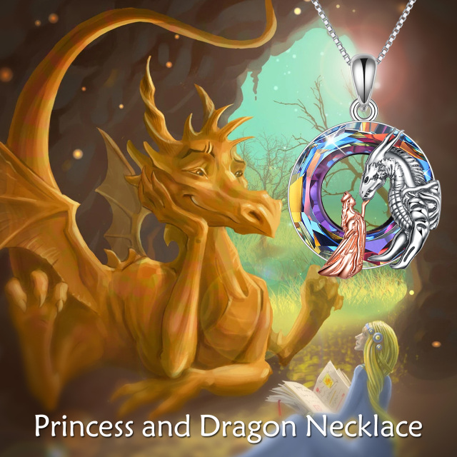 Sterling Silver Two-tone Circular Shaped Crystal Dragon Pendant Necklace-6