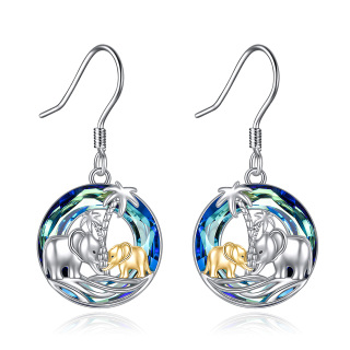 Sterling Silver Two-tone Circular Shaped Crystal Elephant & Coconut Tree Drop Earrings-4