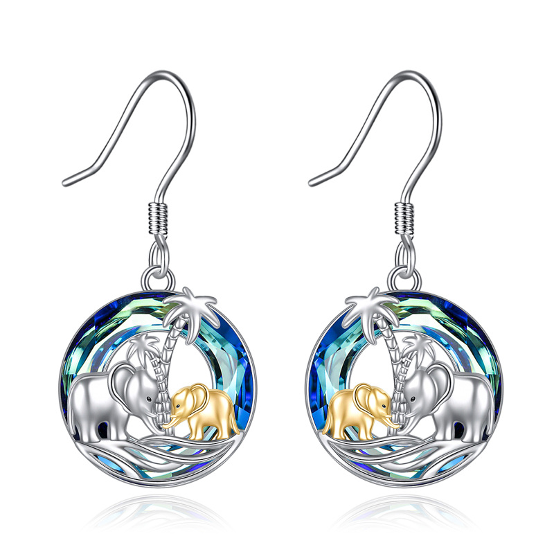 Sterling Silver Two-tone Circular Shaped Crystal Elephant & Coconut Tree Drop Earrings