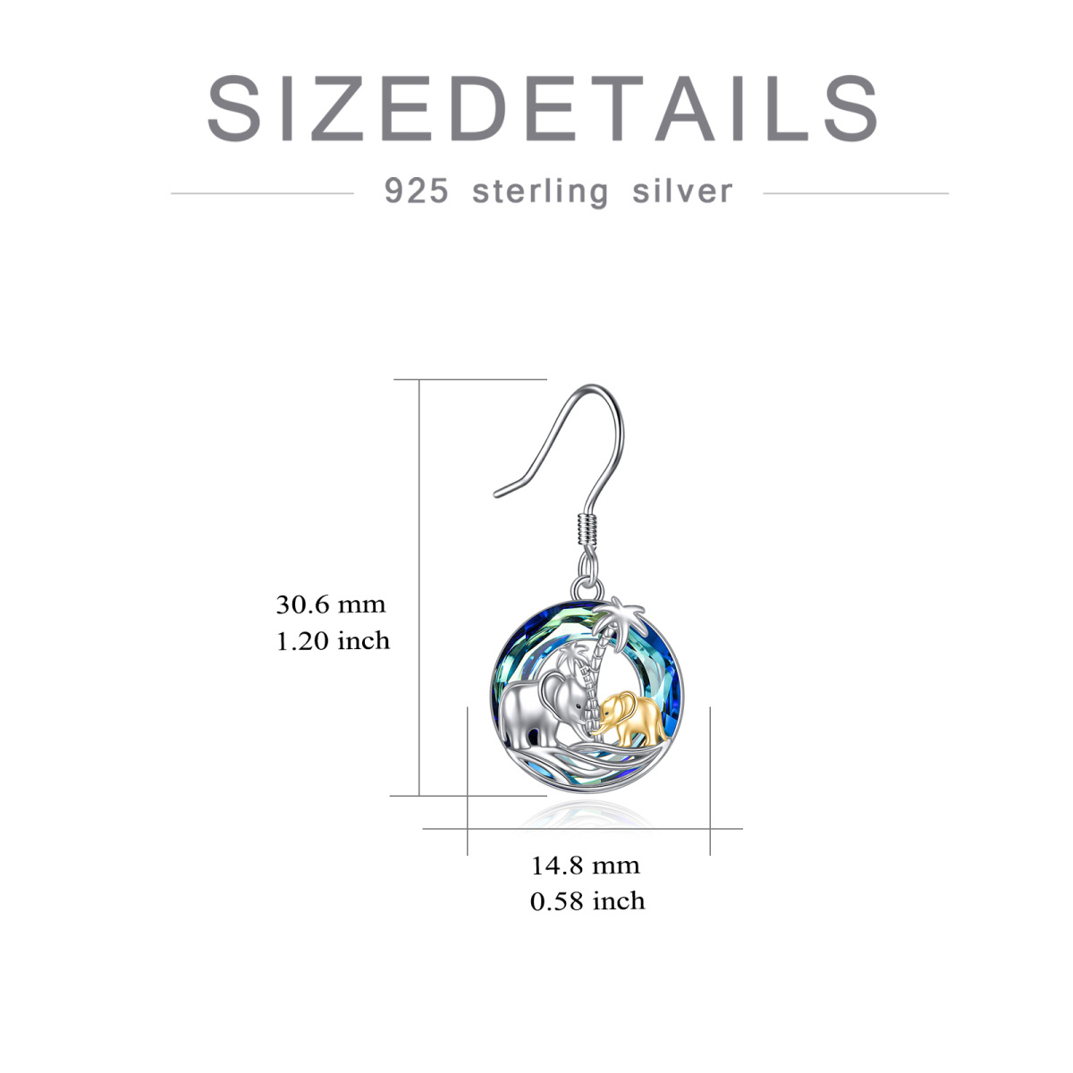 Pendants d'oreilles en argent sterling de forme circulaire en cristal éléphant et cocotier-5