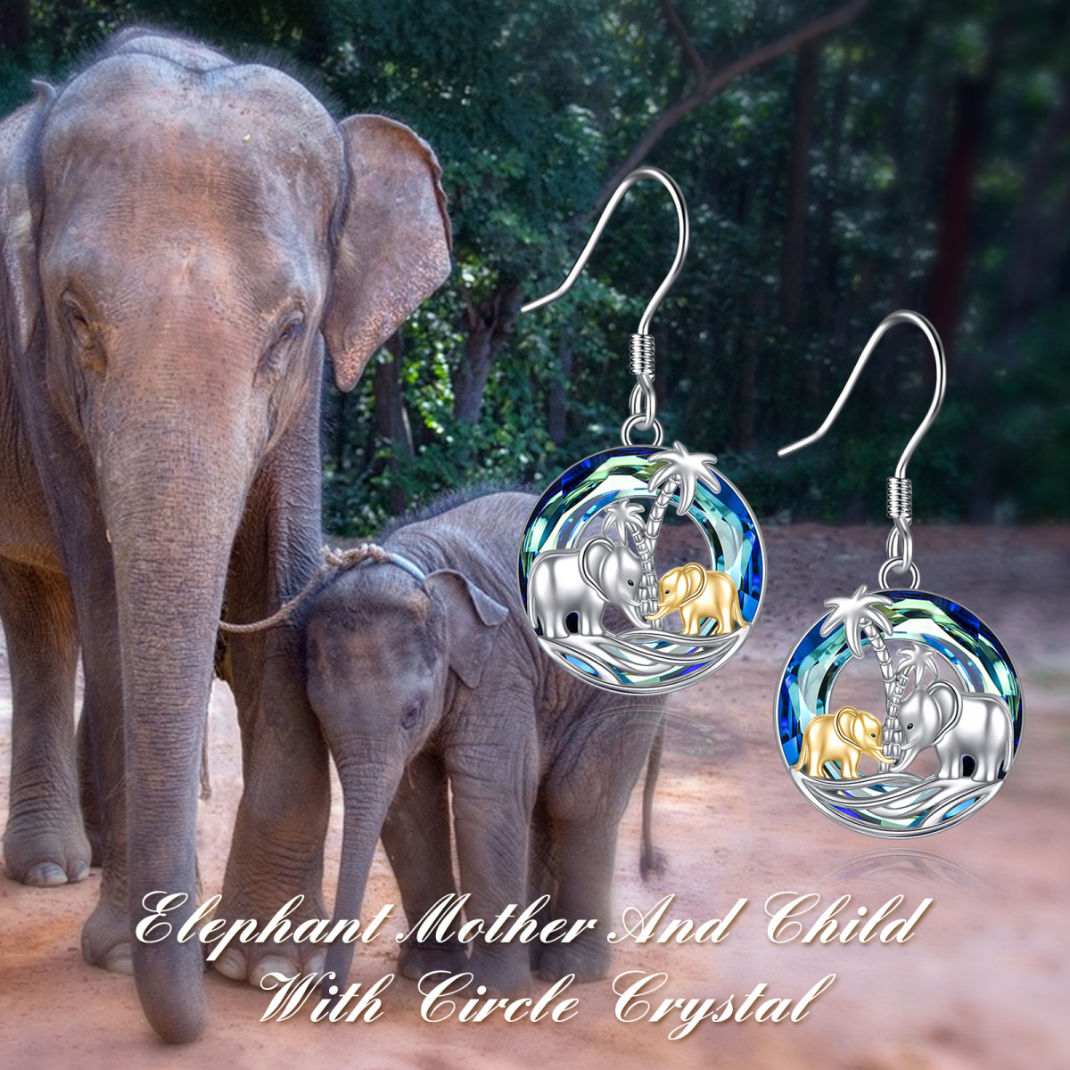 Pendientes de plata de ley con forma circular de cristal en dos tonos Elefante y cocotero-6