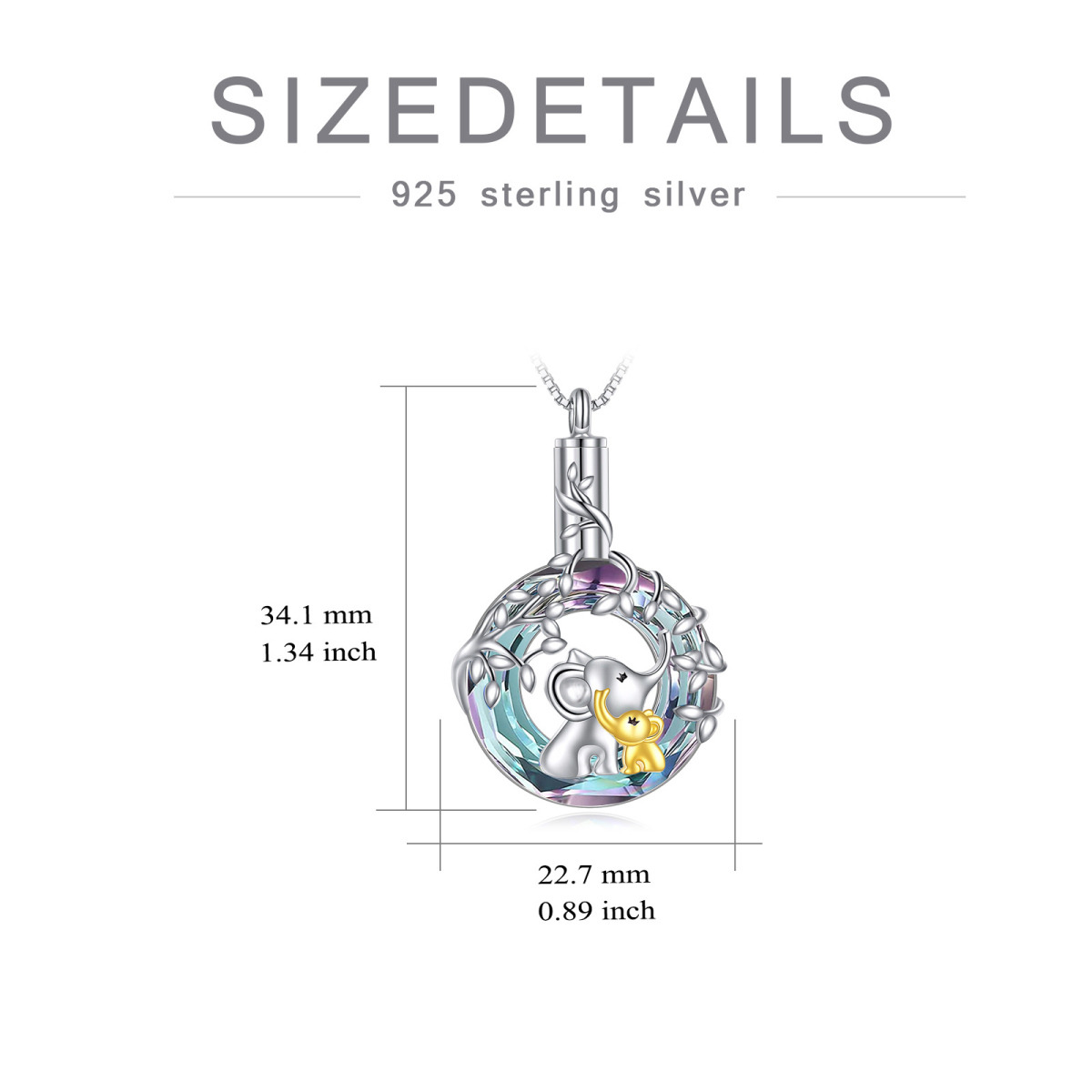 Sterling Silver Two-tone Circular Shaped Crystal Elephant & Leaves Urn Necklace for Ashes-5