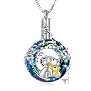 Sterling Silver Two-tone Circular Shaped Crystal Elephant & Leaves Urn Necklace for Ashes-6